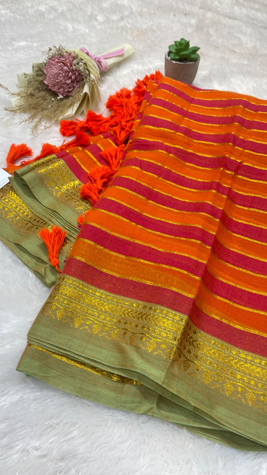 Orange striped saree angle 2
