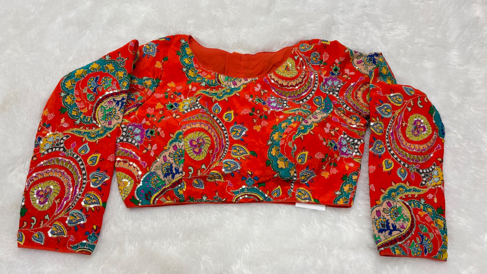 Kalamkari full sleeves blouse in Tangerine