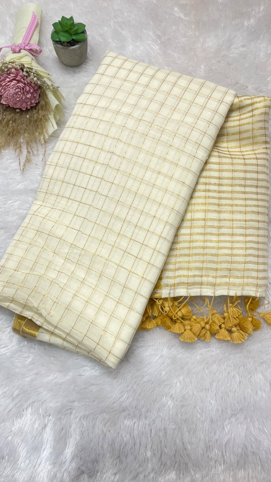 Golden sari checked saree