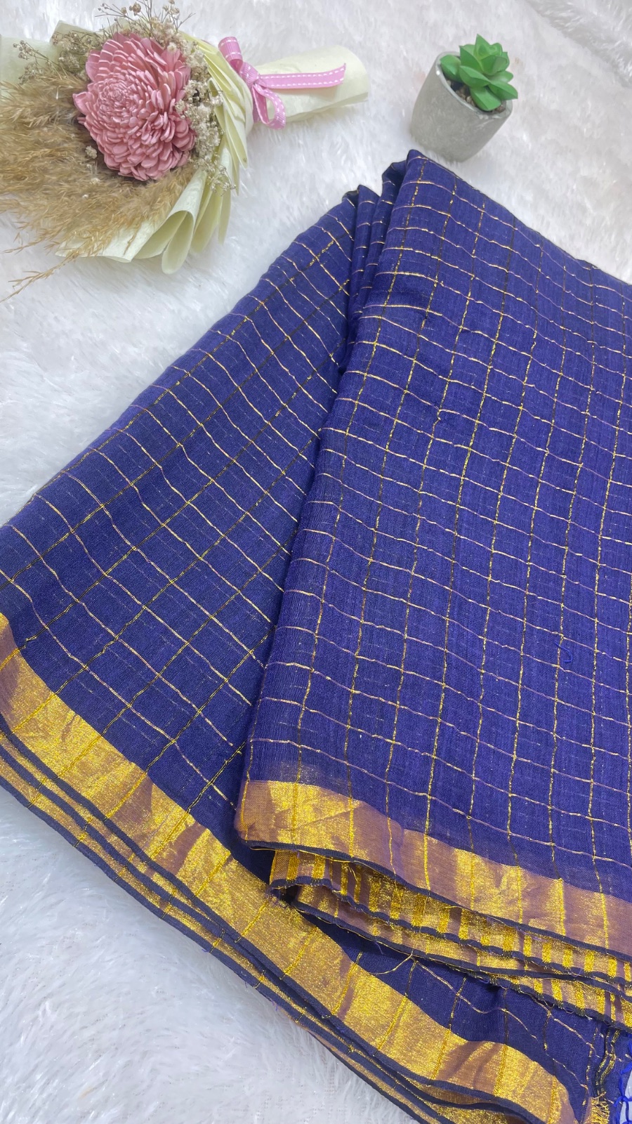 Golden sari checks saree angle 2
