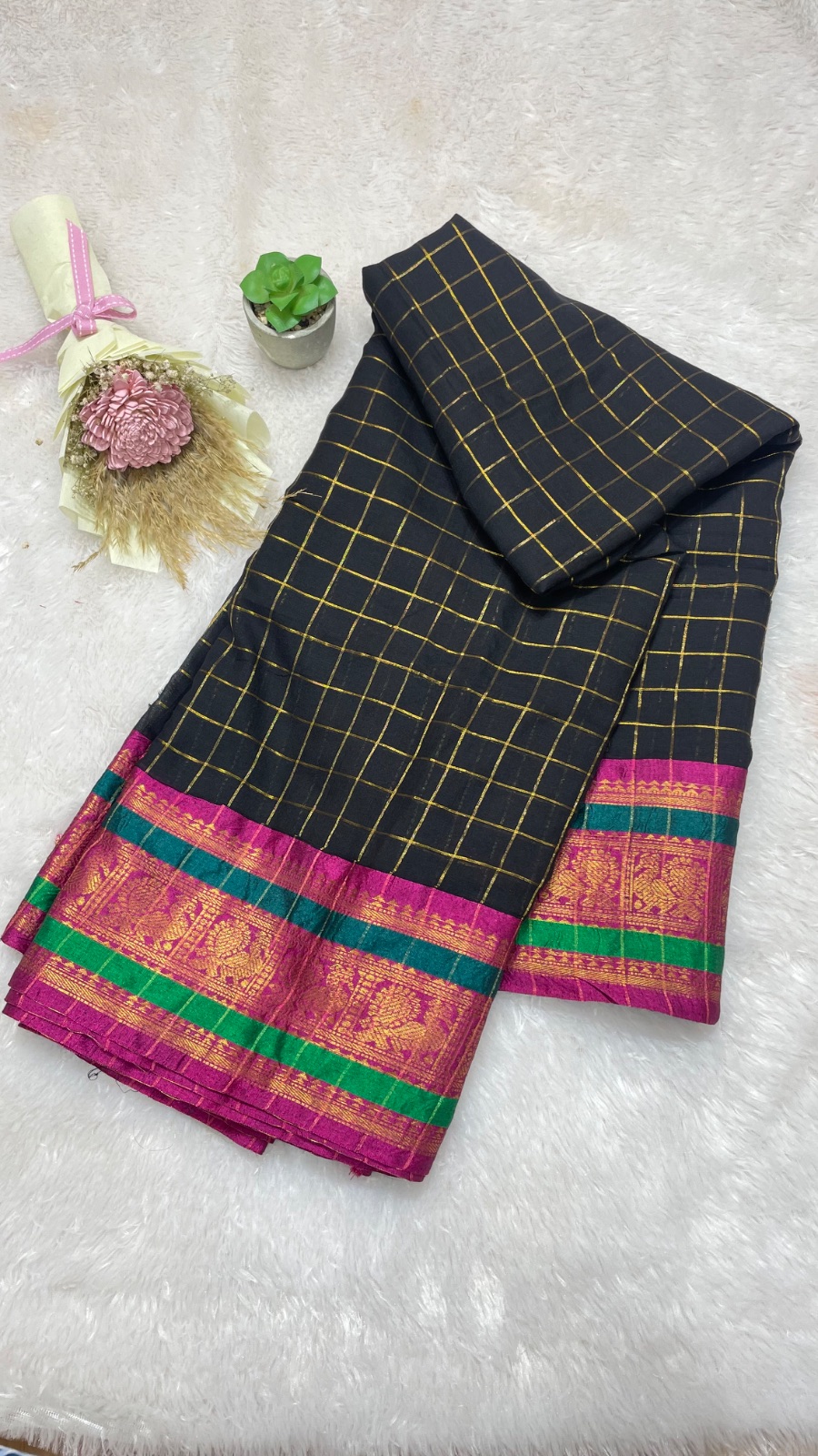 Checks black cotton saree