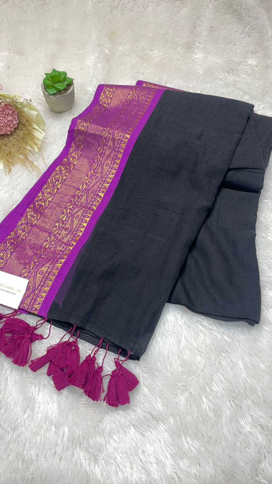 Black with purple cotton saree