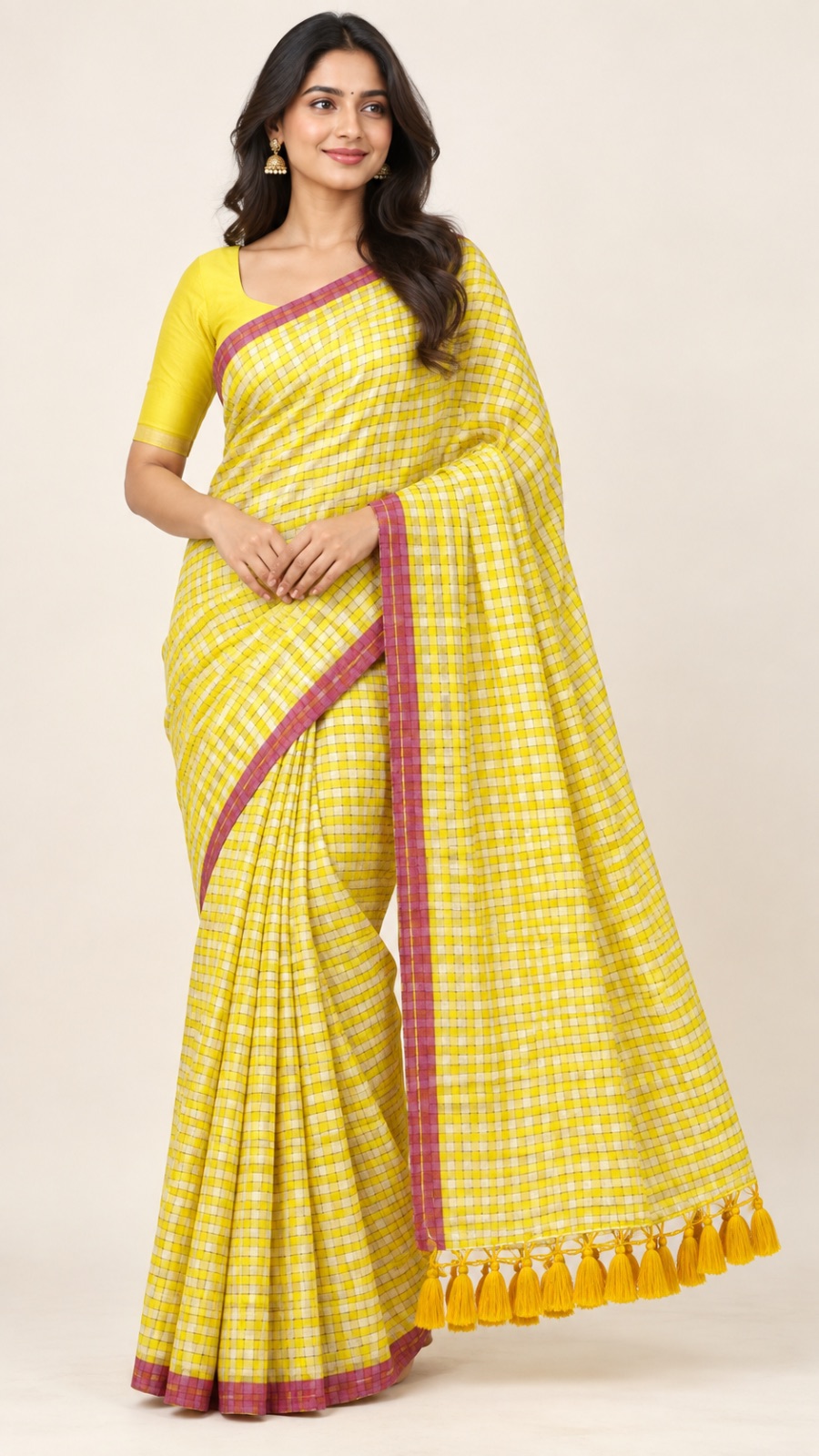 Yellow checked cotton saree
