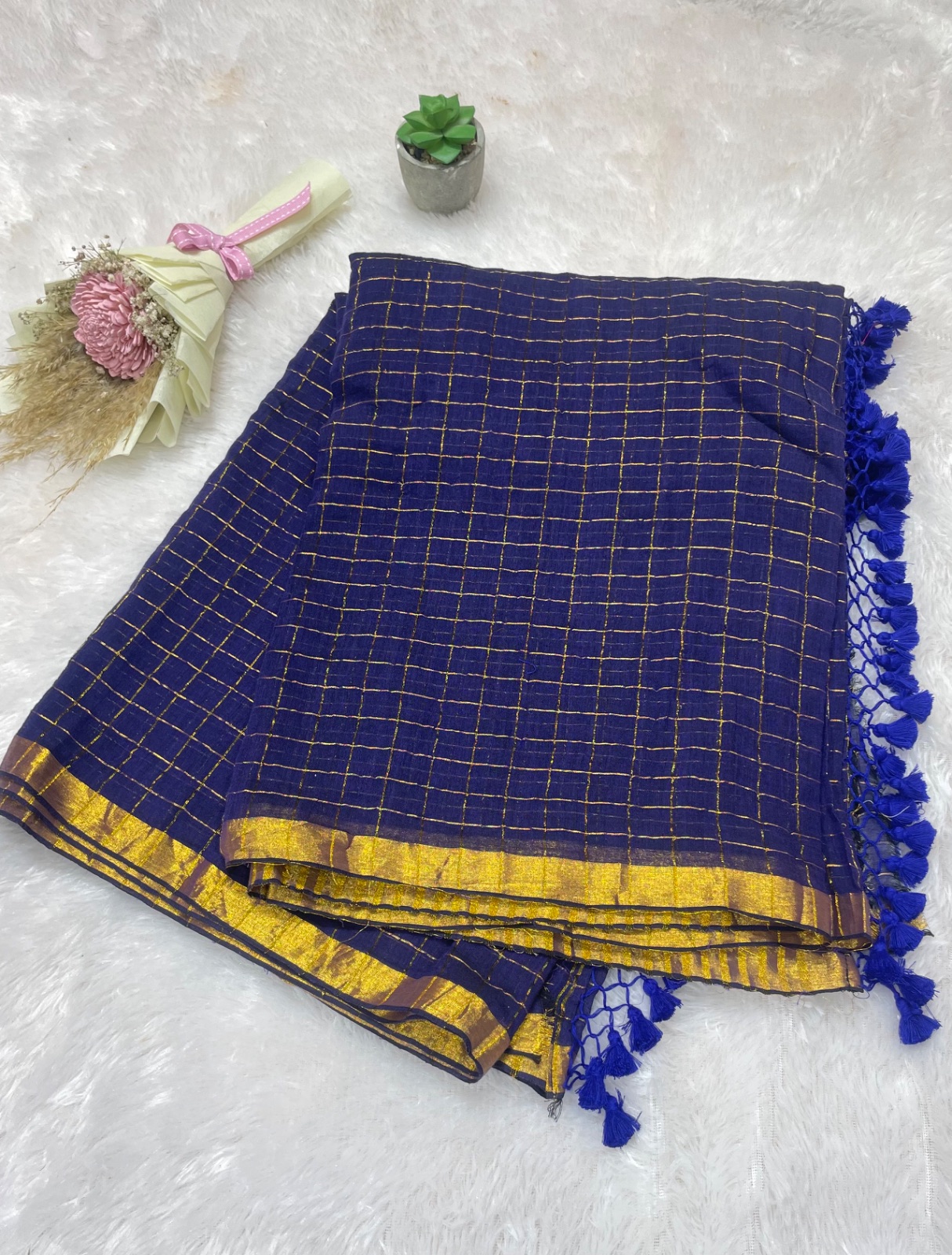 Golden sari checks saree