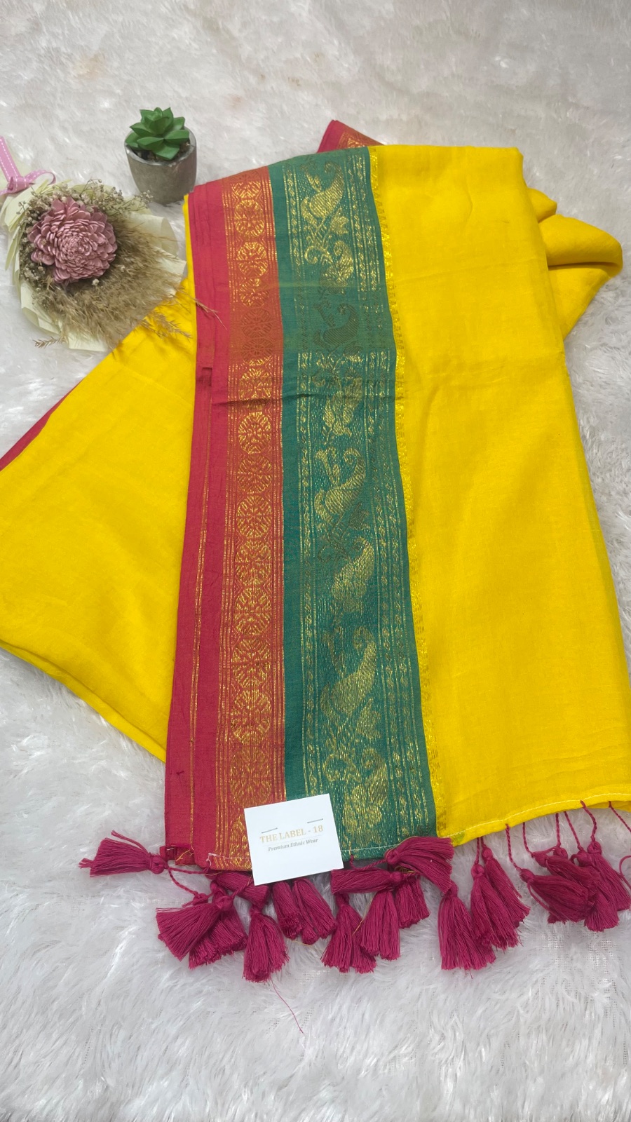 Yellow with green border cotton saree