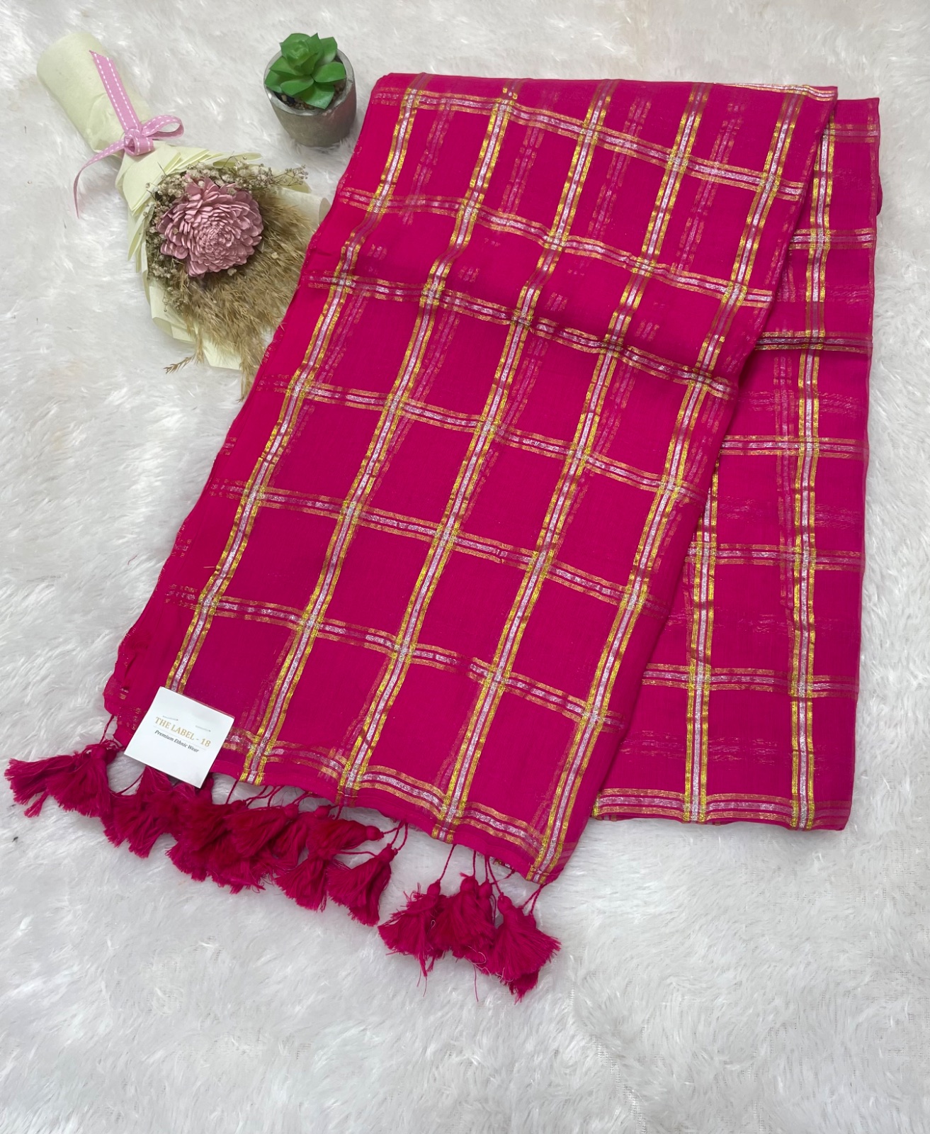 Pink colour with gold and silver stripes saree