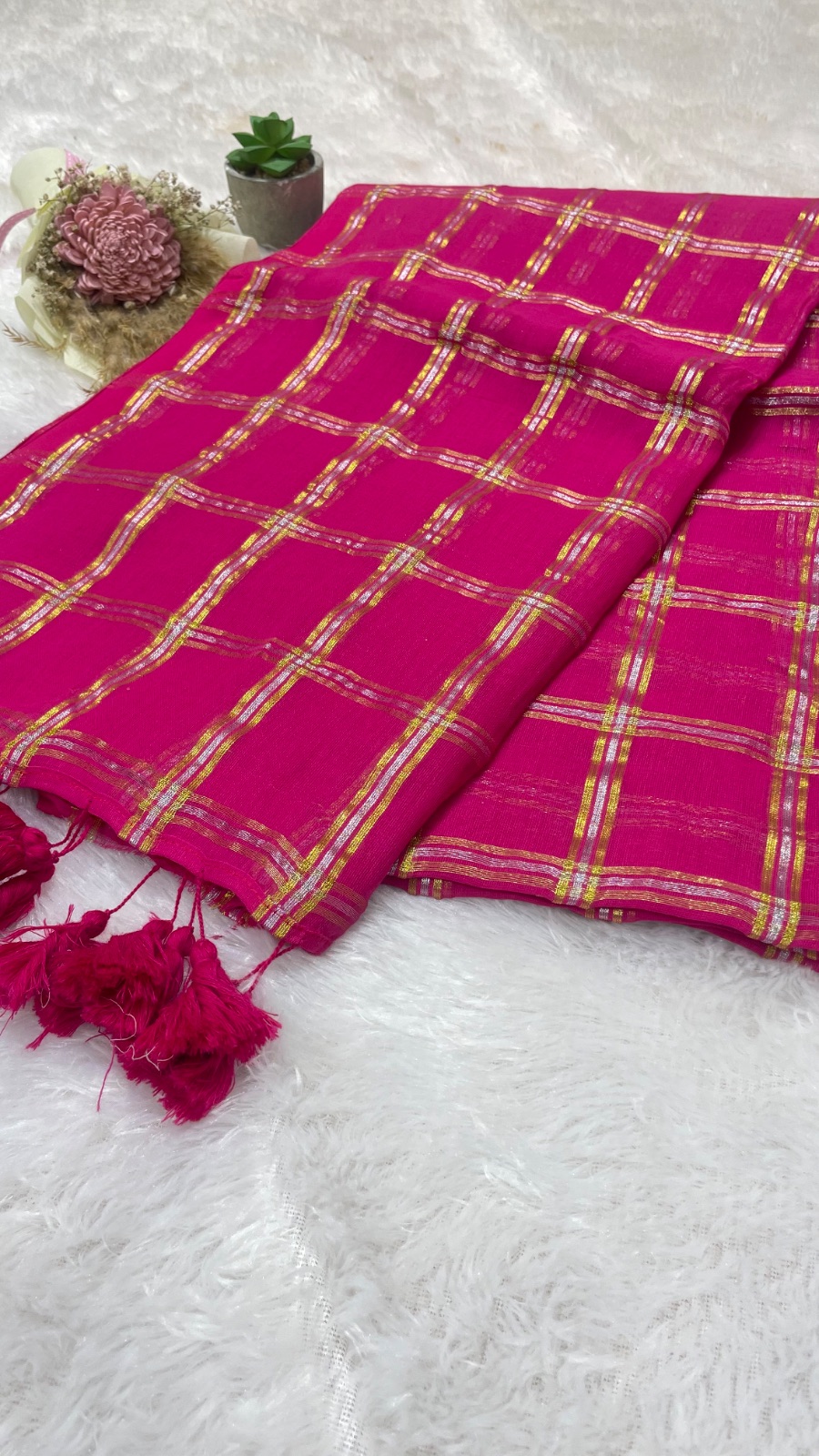 Pink colour with gold and silver stripes saree angle 5