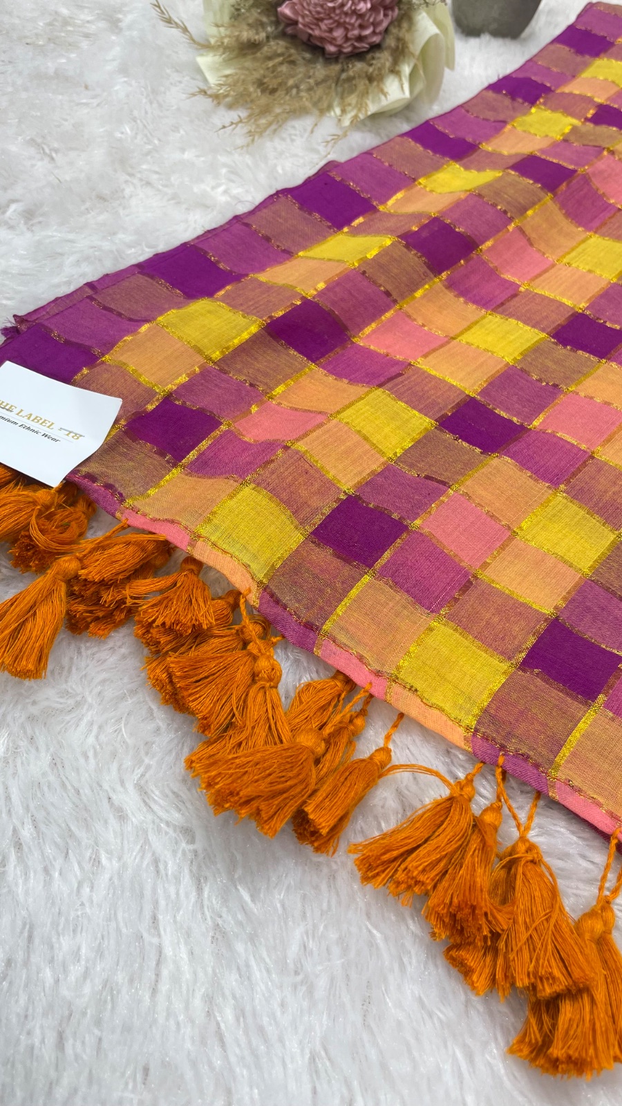 Purple checks pattern saree