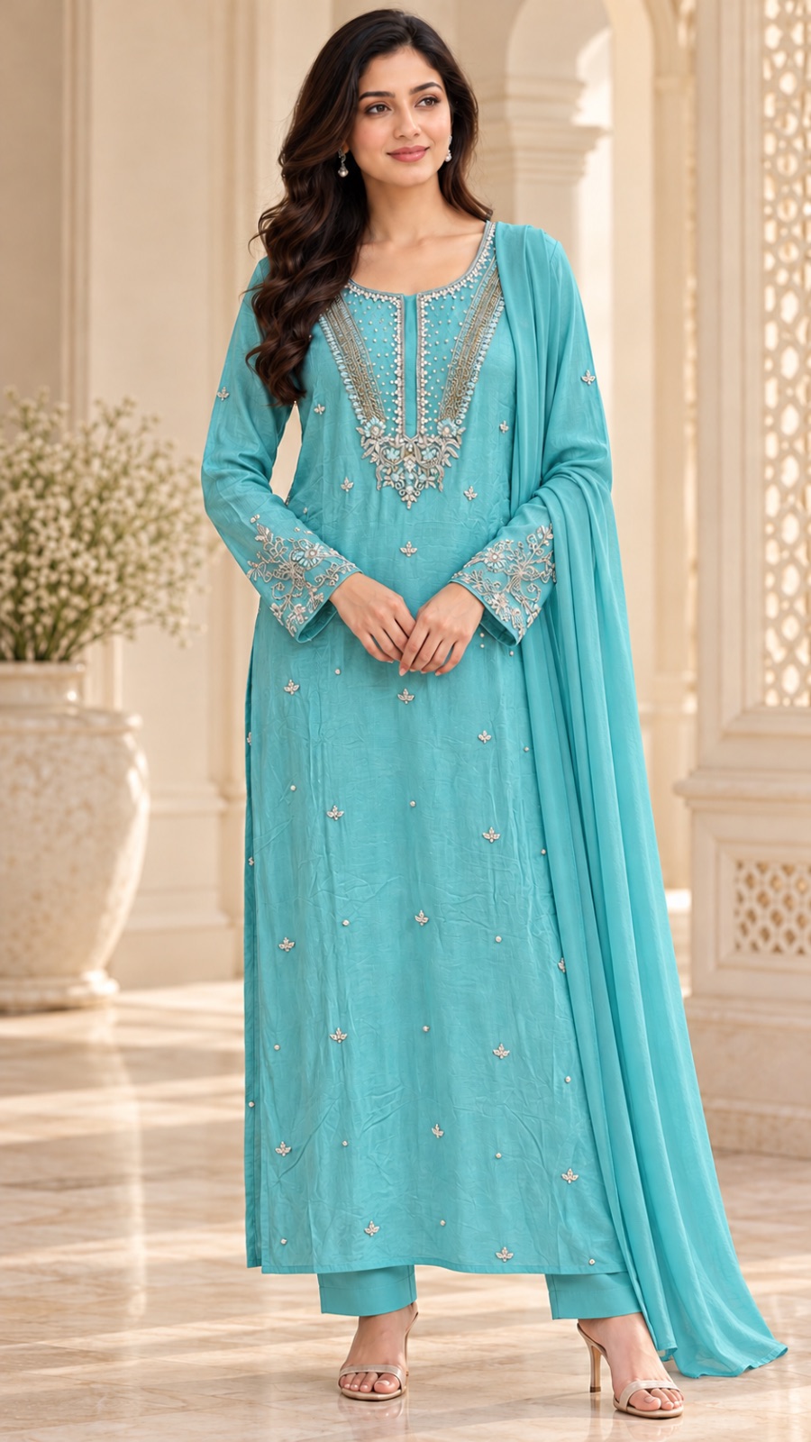 Turquoise blue party wear dress angle 4