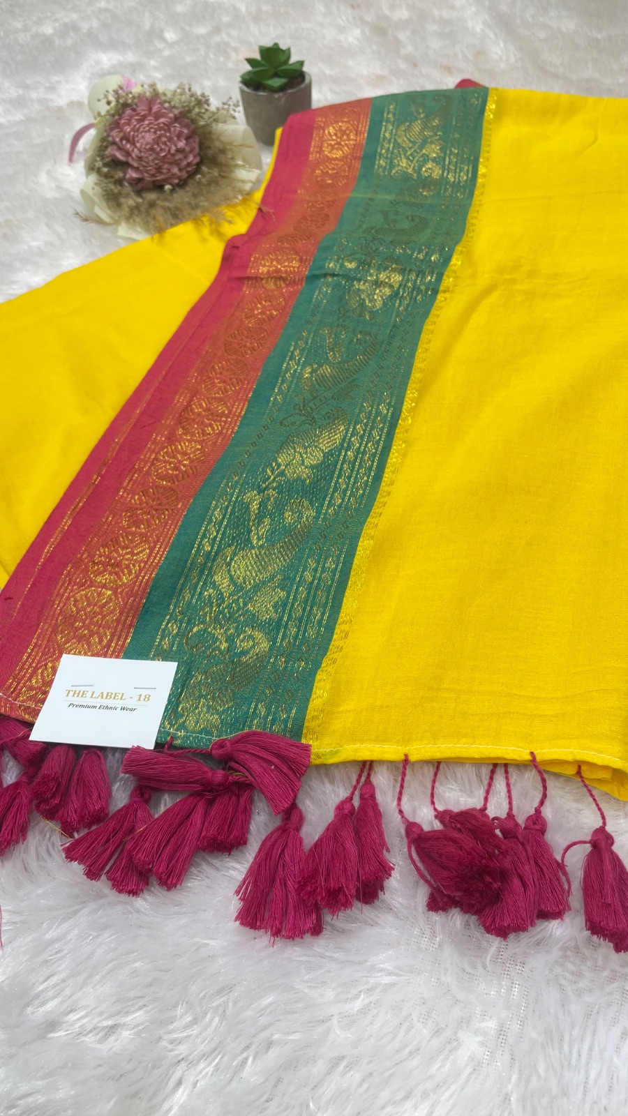 Yellow  with green border cotton saree angle 2