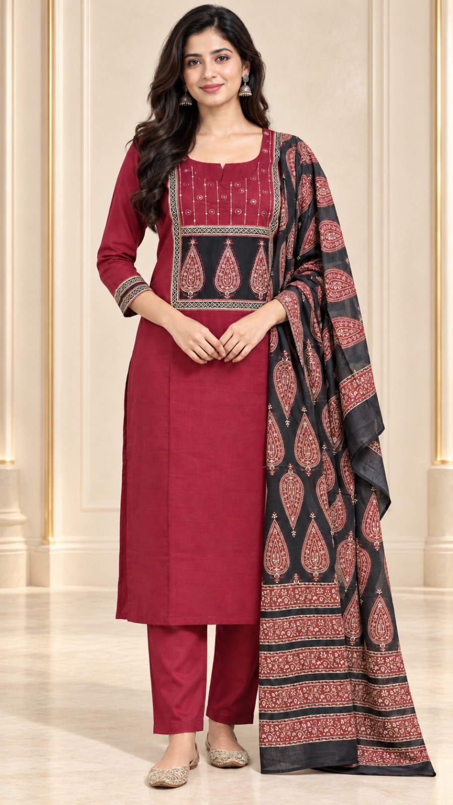 Ajrakh print maroon cotton dress