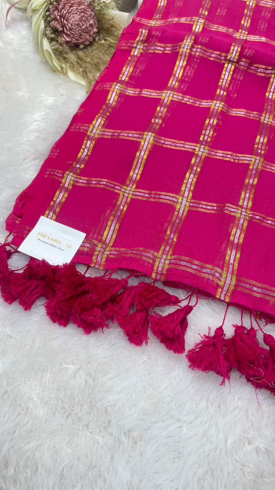 Pink colour with gold and silver stripes saree angle 3