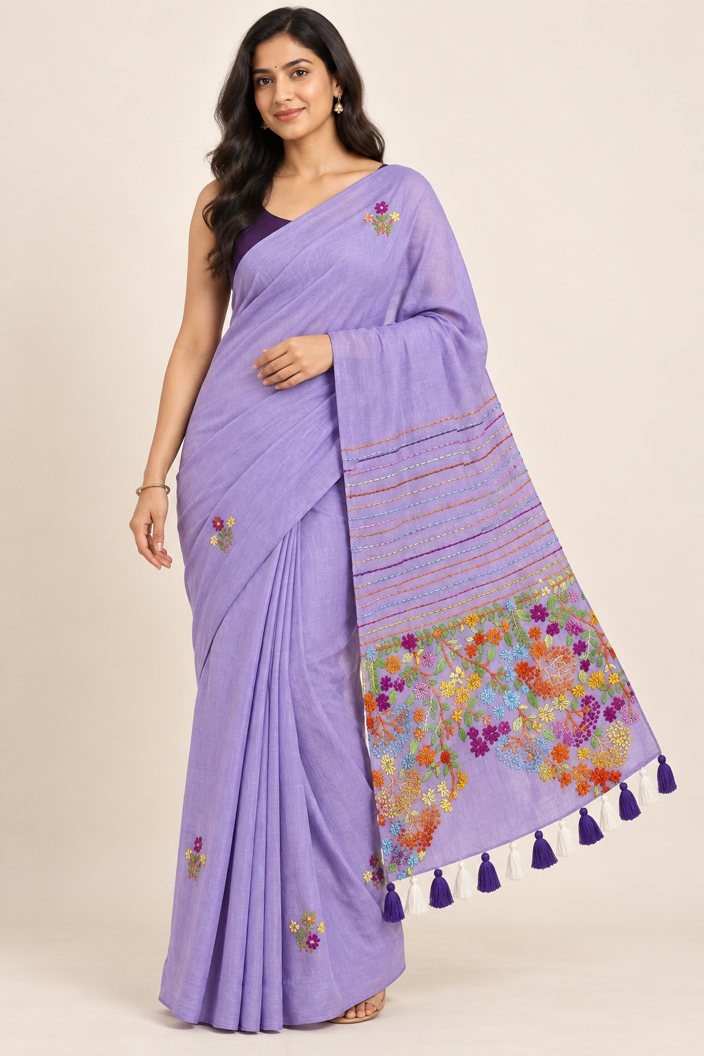 Embroidery cotton saree in Lavender