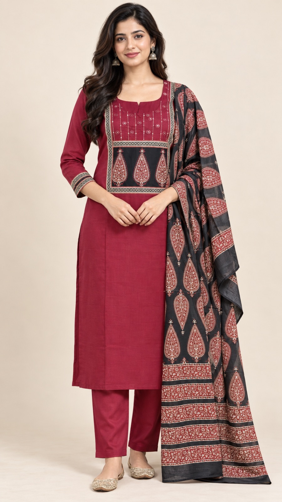 Ajrakh print maroon cotton dress