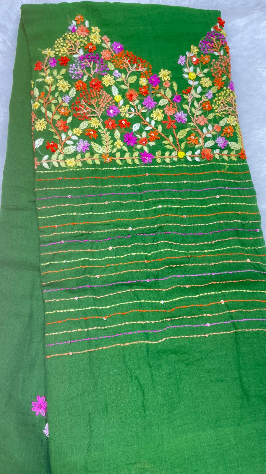 Embroidery cotton saree in Forest Green