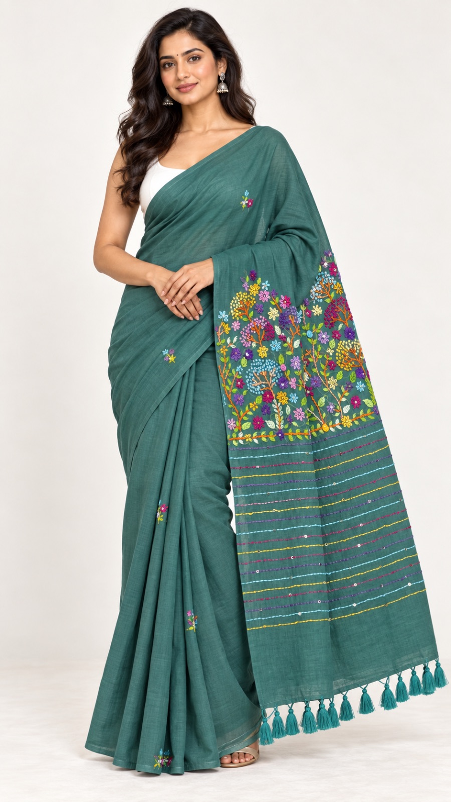 Embroidery cotton saree in Teal