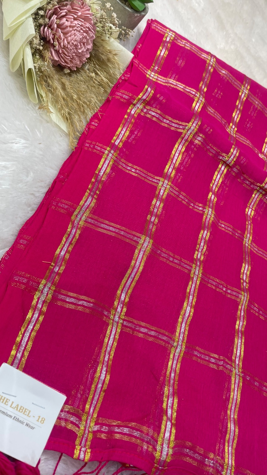 Pink colour with gold and silver stripes saree angle 2