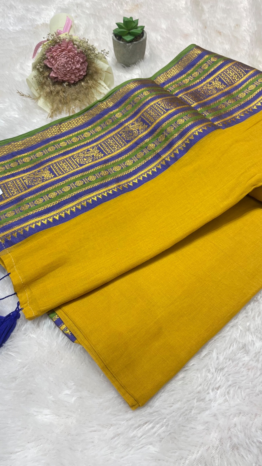 Mustard yellow cotton saree angle 2
