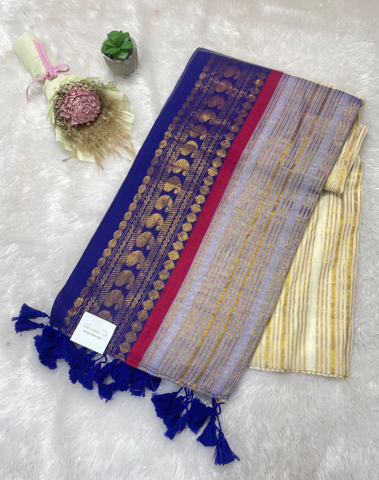 Ivory with ink blue border cotton saree