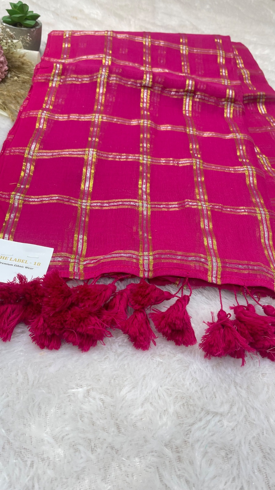 Pink colour with gold and silver stripes saree angle 4