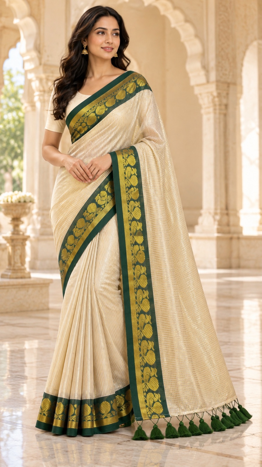 Ivory with green border cotton saree
