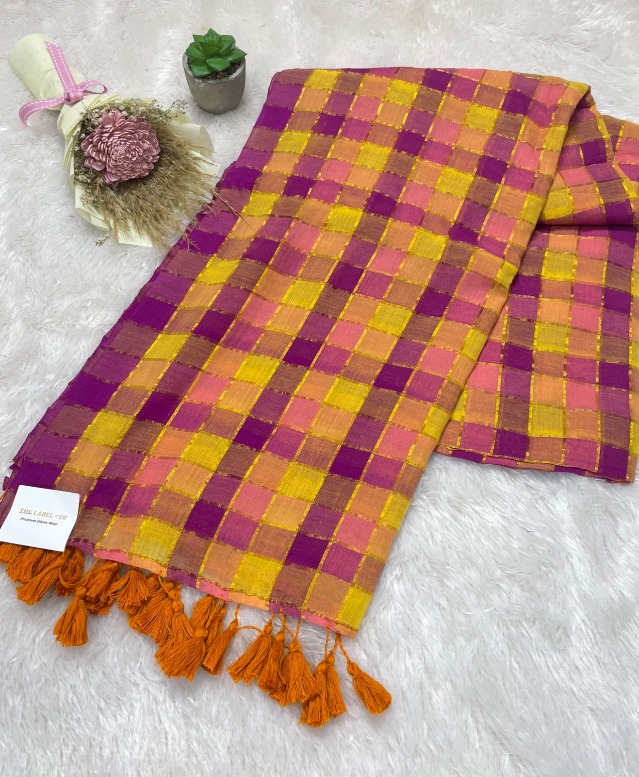Purple checks pattern saree