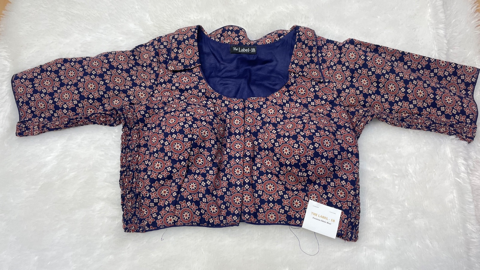 Side elastic cotton blouse in Navy Blue