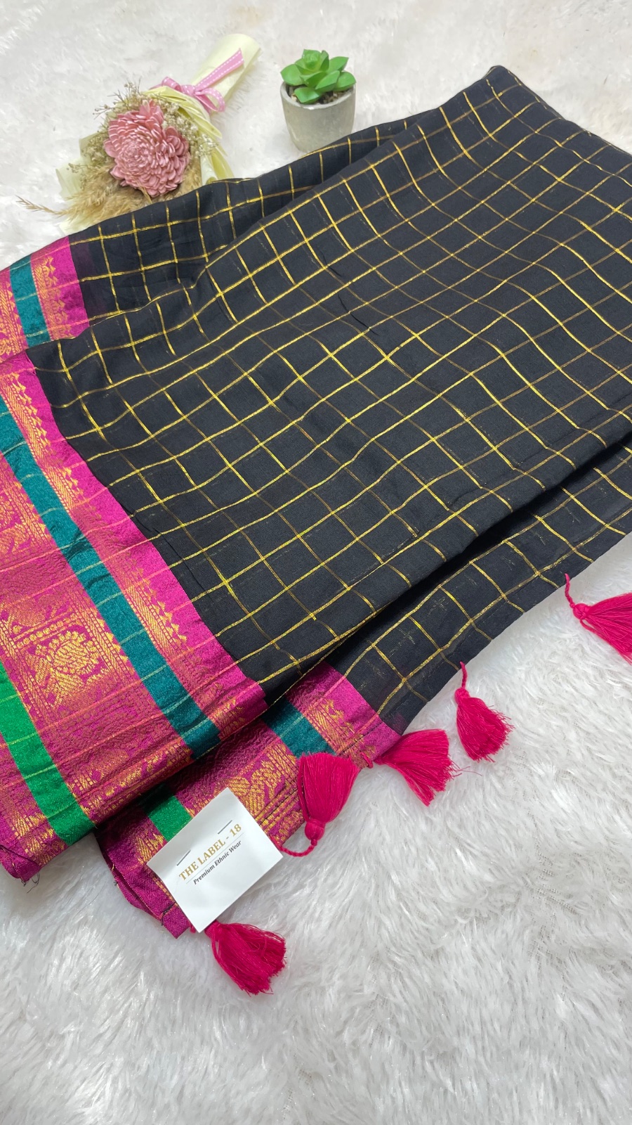 Checks black cotton saree