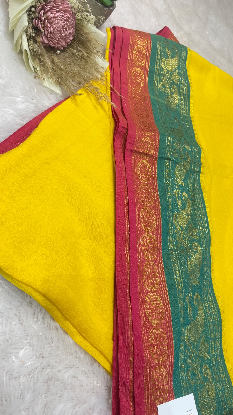 Yellow  with green border cotton saree angle 4